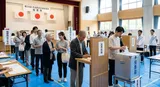 Japanese polling station with voters of all ages, flags displayed, bright natural light, and a patriotic red, white, and blue palette.