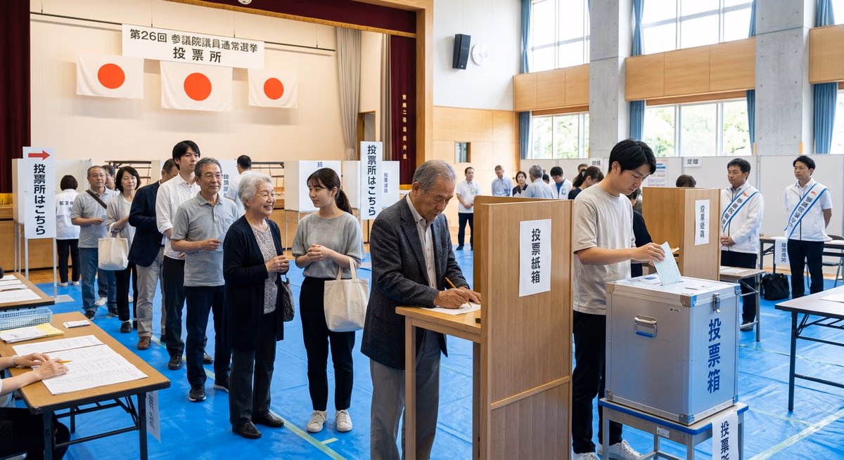 Japanese polling station with voters of all ages, flags displayed, bright natural light, and a patriotic red, white, and blue palette.